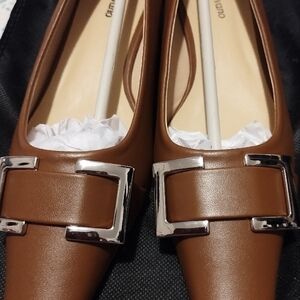 C paravano brown Leather chunky heel square toe with Silver Buckle